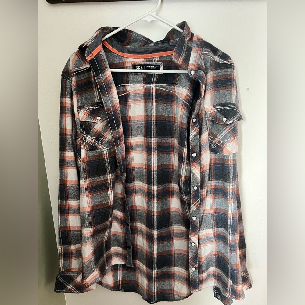 BKE Men's Casual Plaid Shirt - Blue and Orange